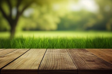 Empty wooden deck on blur of fresh green abstract from garden backgrounds. Wood table and defocused bokeh and blur background of garden trees with sunlight. Product display template. Generative ai