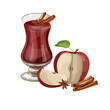 red apple with a glass of mulled wine cinnamon and bayan, a collection of cut still lifes, a sliced natural apple with a green leaf and a stem on a white background. Cartoon style.eps 10