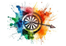 Watercolor Abstract Representation Of Darts Board. Darts Board In Colorful Paint Splash, Isolated On White Background. AI Generated Illustration.