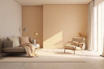 Sticker - cozy living room with a comfortable couch, a stylish chair, and a large window with a view. Generative AI