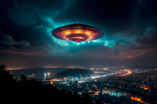 Colorful Flying Saucer Over City At Night By Generative AI