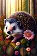 Fairy tale hedgehog in the forest surrounded by fantasy flowers and plants in close-up