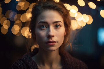 Wall Mural - A beautiful portrait of a young woman with soft bokeh lights created with generative AI technology.