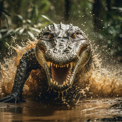 Canvas Print - A fierce crocodile running wildly in the water