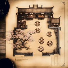 Floorplan For A Large Ancient Japanese Tea Shop Five Tables Aerialview Cherry Blossoms Takato Yamamoto Cinematic Static Film Burn Old Kodak Photo Grainy Film Scratches News Archive Photo Polaroid 