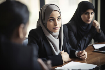 Young muslim businesswoman in hijab sitting at table in office. Generative AI