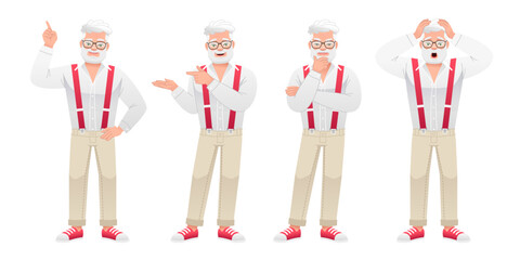 Wall Mural - Grandpa is standing in a panic, clutching his head, pointing at something, thinking about something. An elderly bearded man in full-length character set. An old white man with gray hair and glasses