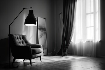 Poster - minimalist black and white chair in a modern room. Generative AI