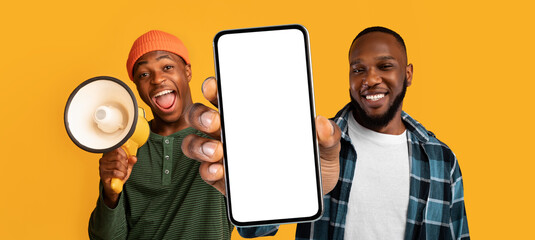 Poster - Two Black Males Advertising Mobile Offer, Showing Blank Smartphone And Using Loudspeaker