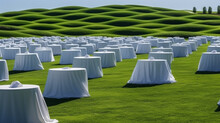 Many White Round Tablecloth Tables On Green Filed Generated AI