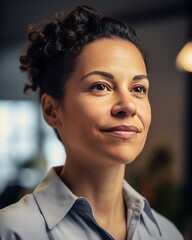 Wall Mural - Curly Haired Woman in Office Photorealistic Portrait Illustration [Generative AI]