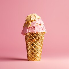 Wall Mural - A Luxurious Dessert for Your Next Party: Premium Ice Cream with Gold Waffle Cone on a Painted Pink Background, Generative AI