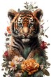 Cute tiger cub in tropical plants, leaves and flowers isolated on white background. Tiger in the sun with flowers color art t-short design. Template. Hand drawn. Greeting card design. Generative AI