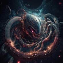 The Madness Of An Alien Tapestry: A Complex Cosmic Horror Of Worms, Celestial Galaxies, And Spiraling Symmetry: Generative AI