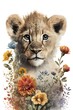 Cute lion cub in tropical plants, leaves and flowers isolated on white background. Lion baby. African animals. Safari. Illustration. Template. Hand drawn. Greeting card design. Generative AI
