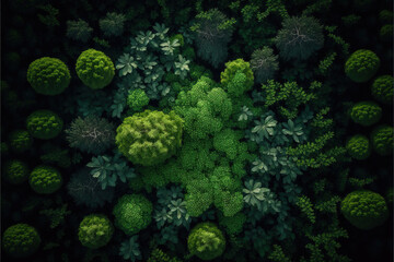 Wall Mural - Aerial view of green summer forest. Generative illustration