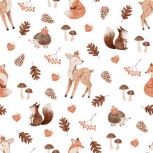 Autumn Seamless Pattern With Deer, Fox, Hedgehog, Squirrel, Mashrooms, Cones, Rowan Branch, Physalis And Leaves.