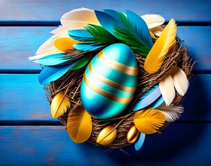 Wall Mural - colored easter eggs in a nest with a blue background. easter. top view