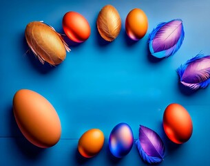 Wall Mural - colored easter eggs in a nest with a blue background. easter. top view. copy space