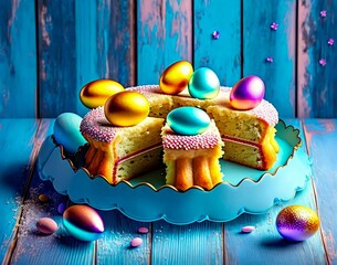 Wall Mural - cake with easter eggs on it and a blue background. easter