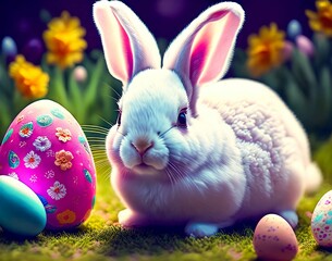 Wall Mural - easter bunny with a decorated egg. easter symbol