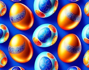 Wall Mural - colorful collection of easter eggs with the word easter on a blue background. seamless pattern. top 