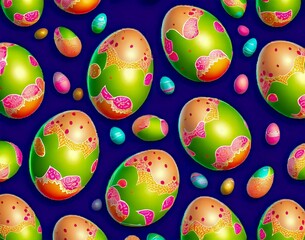 Wall Mural - colorful collection of easter eggs with the word easter on a blue background. seamless pattern. top 
