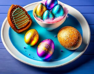 Wall Mural - plate with eggs and a bowl with the word easter on it. easter