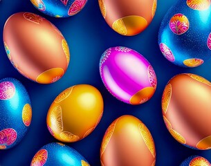 Wall Mural - colorful collection of easter eggs with the word easter on a blue background. seamless pattern. top 