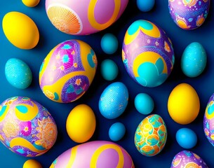 Wall Mural - colorful collection of easter eggs with the word easter on a blue background. seamless pattern. top 