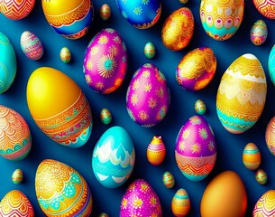 Wall Mural - colorful collection of easter eggs with the word easter on a blue background. seamless pattern. top 