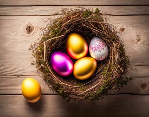 Wall Mural - easter eggs in a nest with a wooden background. easter. top view