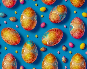 Wall Mural - orange collection of easter eggs with the word easter on a blue background. seamless pattern. top vi