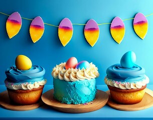 Wall Mural - blue cupcake with a colorful egg on top sits on a table next to a sign that says 