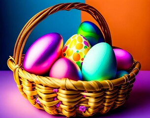 Wall Mural - basket of colorful easter eggs is on a table. easter
