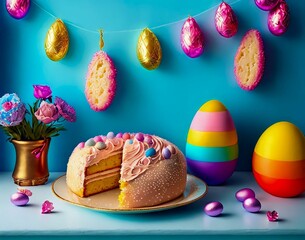 Wall Mural - cake with a piece missing sits on a table next to a decorative easter egg. easter