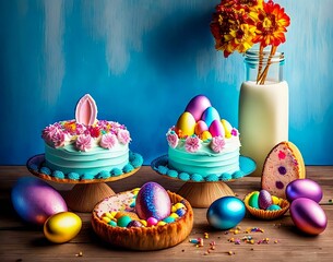 Wall Mural - blue cake with a bunny on top and a white vase with flowers in the background. easter