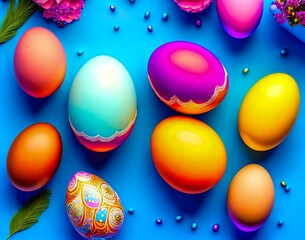 Wall Mural - colorful collection of easter eggs with the word easter on a blue background. seamless pattern. top 