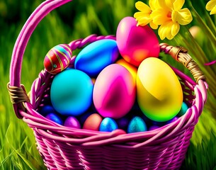 Wall Mural - basket of colorful easter eggs is on a green grass. easter. close up