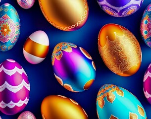 Wall Mural - colorful collection of easter eggs with the word easter on a blue background. seamless pattern. top 