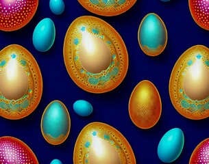 Wall Mural - colorful collection of easter eggs with the word easter on a blue background. seamless pattern. top 