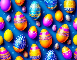 Wall Mural - colorful collection of easter eggs with the word easter on a blue background. seamless pattern. top 
