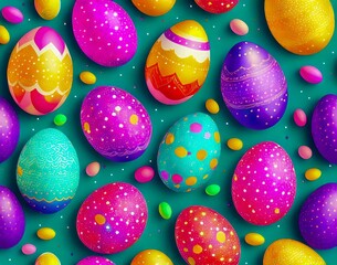 Wall Mural - colorful collection of easter eggs with the word easter. seamless pattern. top view