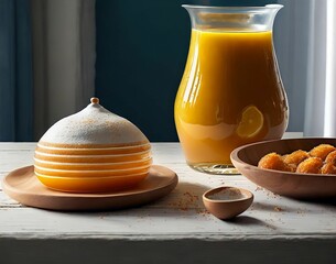 Wall Mural - glass pitcher of orange juice next to a bowl of orange juice. easter