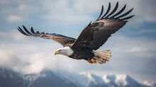  A Bald Eagle Soaring Through The Air With Mountains In The Background.  Generative Ai
