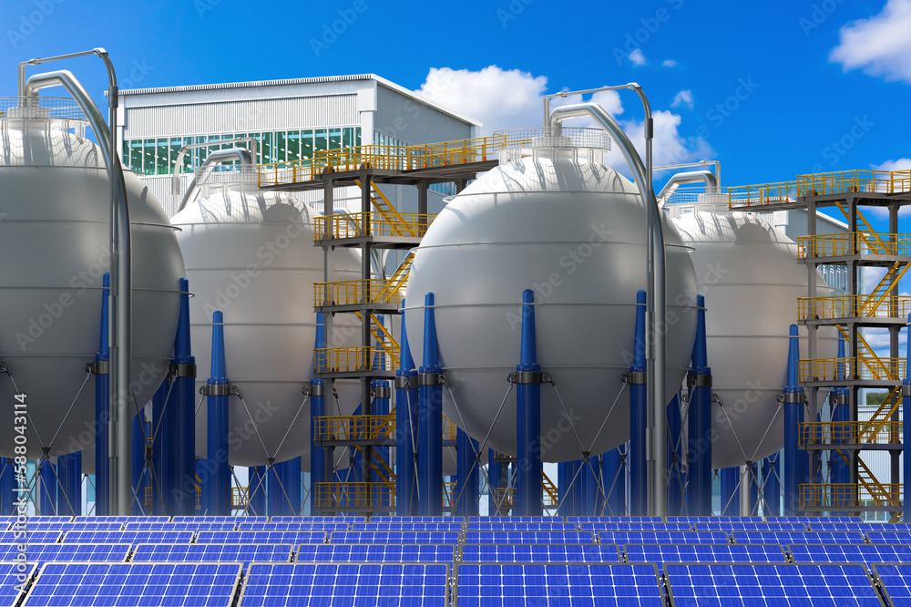 Industrial enterprise. Spherical tanks for gas. Energy company. Solar ...