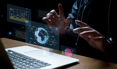 Wall Mural - young entrepreneur using big data analysis and cloud technology to collect customer data and display