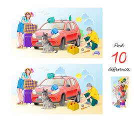 Find 10 differences. Illustration of family going to vacation. Logic puzzle game for children and adults. Page for kids brain teaser book. Developing counting skills. Vector drawing.