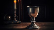  A Candle And A Silver Cup Sitting On A Wooden Table.  Generative Ai