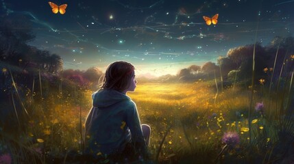 Wall Mural - Discover the Magic of Childhood in an Ultra Elegant Award-winning Photograph of Mystical Meadows and Mystifying Fireflies on Artsa4v, Generative ai